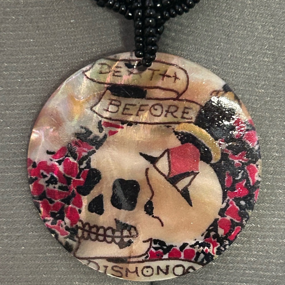 (SOLD) Ed Hardy Skull Mother of Pearl Amulet ☠️❤️